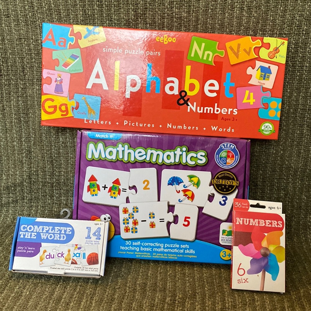 Puzzle pairs Alphabet & numbers, Match It math, Word puzzle, number flash cards